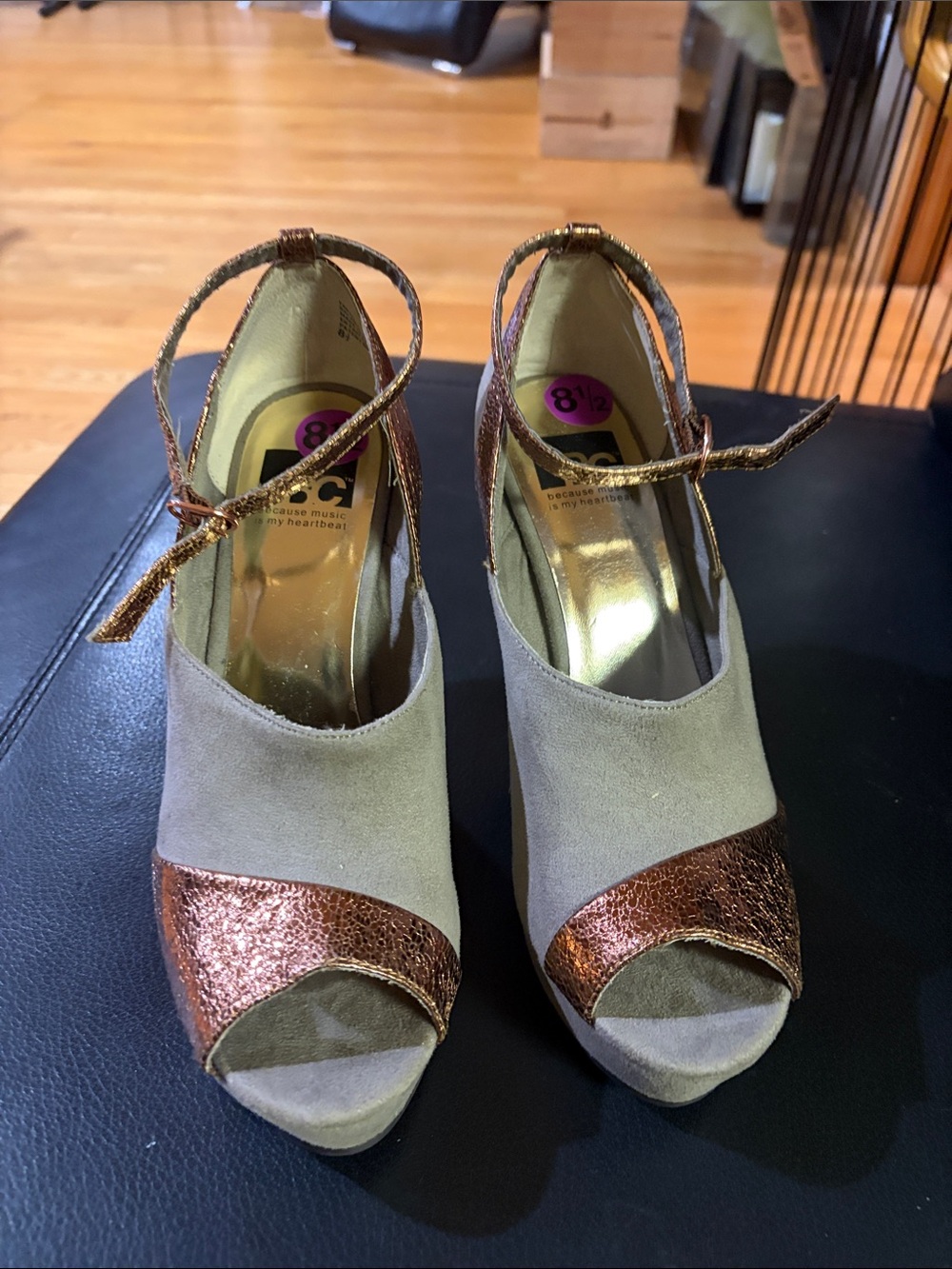 BCBG Two-Tone Taupe Suede and Metallic Copper Peep-Toe Ankle Strap Heels
